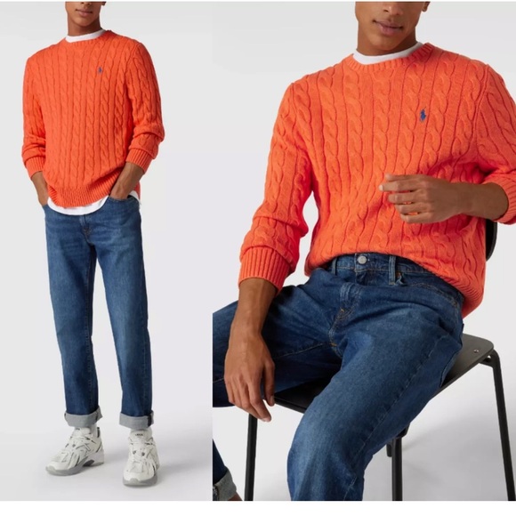 Polo Ralph Lauren Cable Knit Jumper Orange Pullover Sweater unisex - Picture 2 of 15